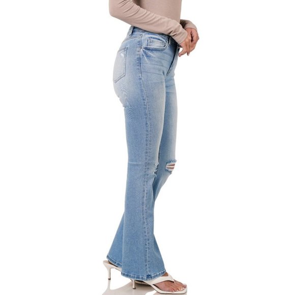 Light Wash Blue Distressed Flare Stretch Denim Jeans NWT - Picture 4 of 13